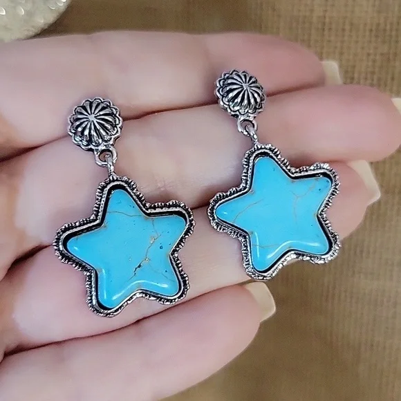 TURQUOISE STAR CONCHO DROP EARRINGS - Picture 6 of 8